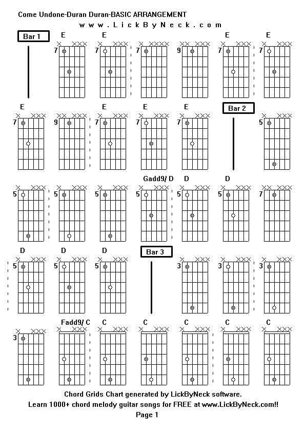 Chord Grids Chart of chord melody fingerstyle guitar song-Come Undone-Duran Duran-BASIC ARRANGEMENT,generated by LickByNeck software.